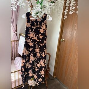 Pact Sleeveless Black Floral Midi Dress - Cream Print With Asymmetrical Hemline